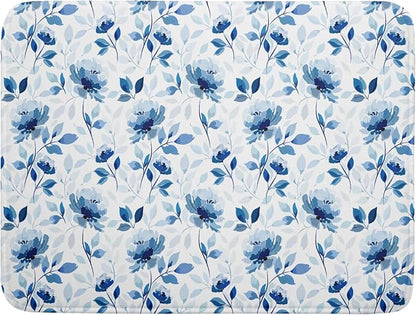 Blue Floral Dish Drying Mat 18x24 inch Flower Leaves Dish Rack Pad Microfiber by Giwawa