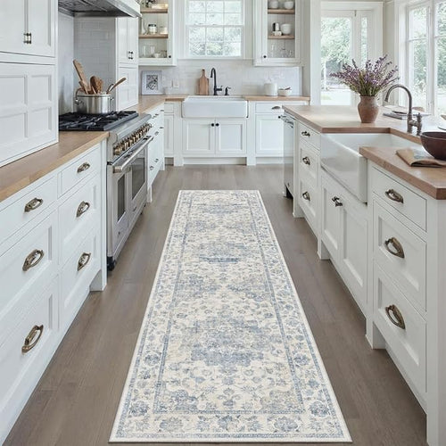 2x8 Washable Neutral Runner Rug Blue Vintage Hallway Kitchen Carpet Non-Slip - Image 2