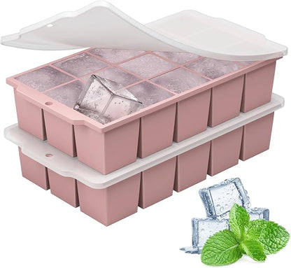 Silicone Ice Cube Tray with Locks Lids, Easy Release Flexible 15 Square Ice by MEIJO