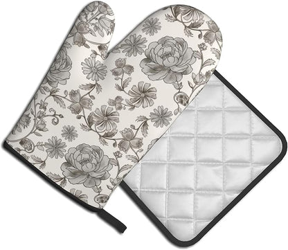 Vintage Flowers Oven Mitts and Pot Holders Sets Boho Kitchen Gloves White Grey - Image 2