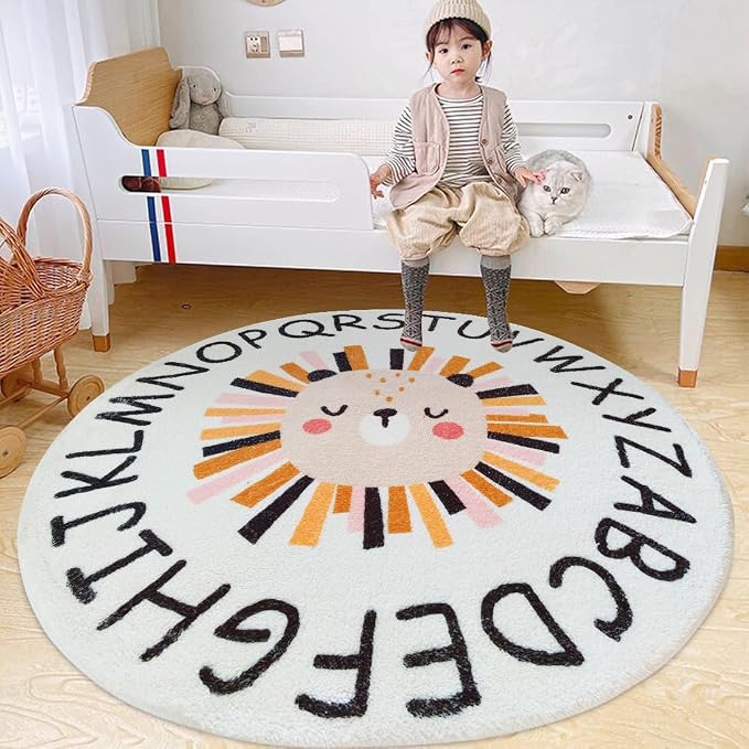 Poowe ABC Lion Kids Room Rug, 31.5" Round Washable Area Rugs by Poowe