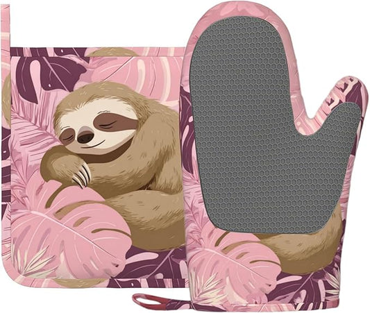 Pink Sloth Heat-Resistant Oven Mitts and Pot Holder Cute Animal Kitchen by Unknown