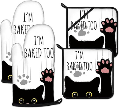Funny Black Cat Oven Mitts and Pot Holders Sets Heat Resistant 4Pcs Potholders by ANTJOO