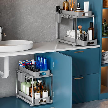 VERIFOST 2 Pack Adjustable Gray Under Sink Organizers, 2 Tier Pull Out Storage - Image 8