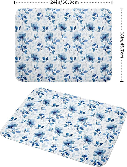 Blue Floral Dish Drying Mat 18x24 inch Flower Leaves Dish Rack Pad Microfiber - Image 2