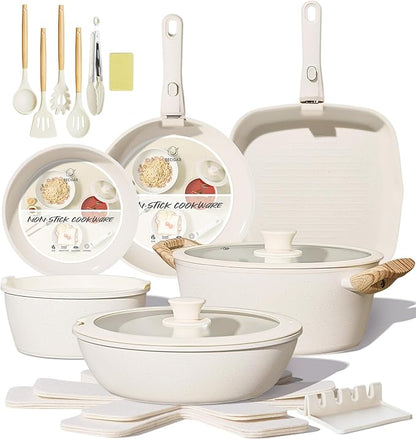 BECIGAR 23PCS Ceramic Pots and Pans Set, Removable Handle Pots and Pans Set by BecigarCookware