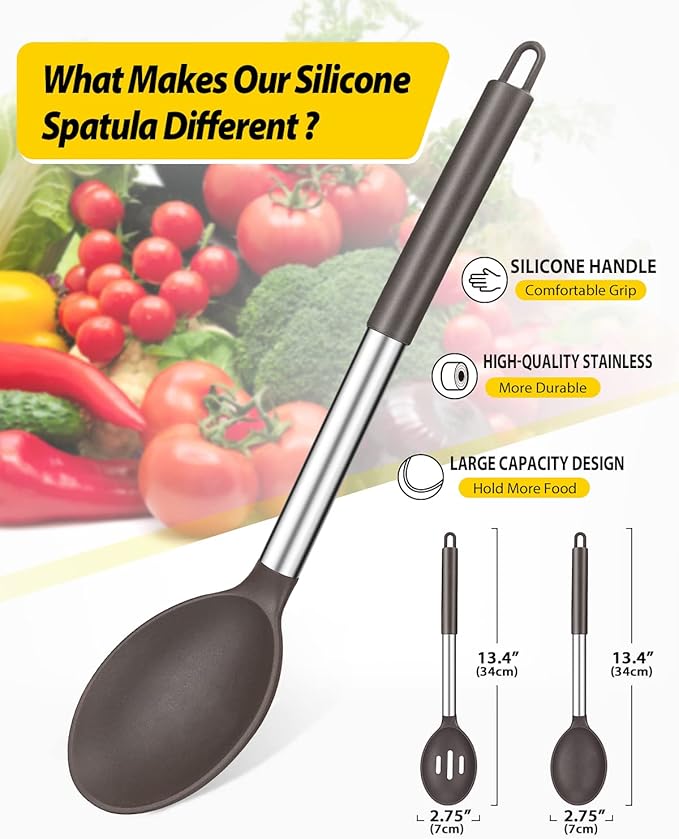 Pack of 2 Large Silicone Cooking Spoons, Non Stick Solid Basting Spoon - Image 2