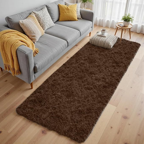 2x6 Bedside Area Rugs for Bedroom: Soft Fluffy Shag Brown Rug for Hallway by CarpetAddColortoYourLife