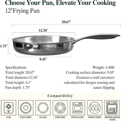 Umite Chef 12 inch 5 Ply Stainless Steel Frying Pan Non-Toxic PFOA&PTFE Free - Image 2