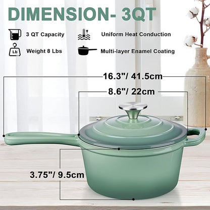 3 Quart Saucepan with Lid, Leonyo Enameled Cast Iron Sauce Pot, Large Enamel - Image 2