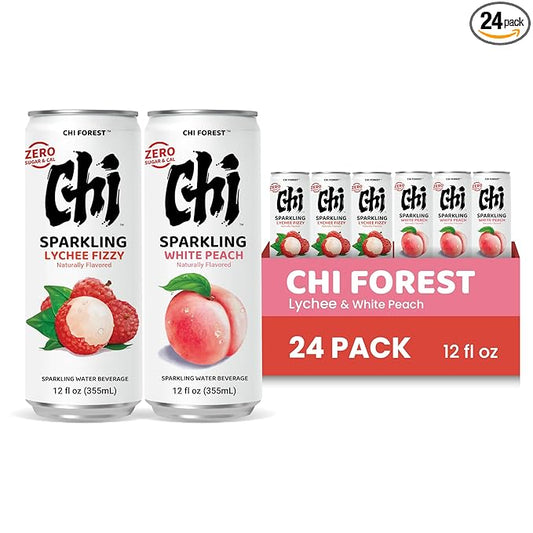 CHI FOREST Sparkling Water Beverage, Lychee & White Peach, 2 Flavors, Zero Sugar, 12 fl oz Cans (Pack of 24)