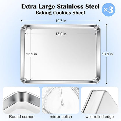 E-far Large Baking Sheets Set of 3, 20”x14” Stainless Steel Cookie Sheet Pans - Image 2