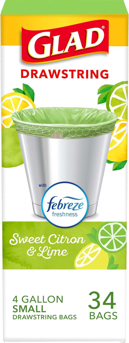 Glad Small Kitchen Drawstring Trash Bags, 4 Gallon, Febreze Sweet Citron & Lime by GladTrashFoodStorage