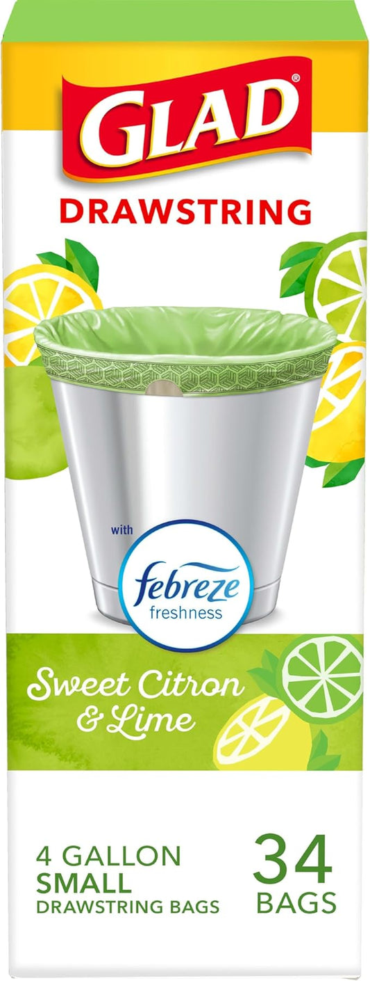 Glad Small Kitchen Drawstring Trash Bags, 4 Gallon, Febreze Sweet Citron & Lime by GladTrashFoodStorage