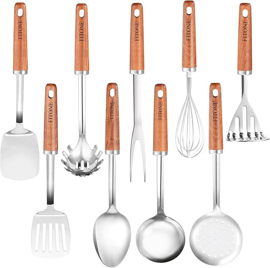 9PCS 18/8 Stainless Steel Kitchen Utensils Set, Heavy Duty Wooden Handle by Unknown