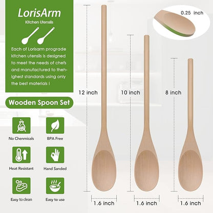 LorisArm 3PC Wooden Spoon for Cooking, Long handle 12" 10" 8" Wood Serving - Image 2