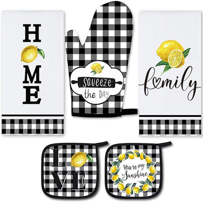 5 Pieces Buffalo Plaid Kitchen Towels Oven Mitts and Pot Holder Set Black and by Rtteri
