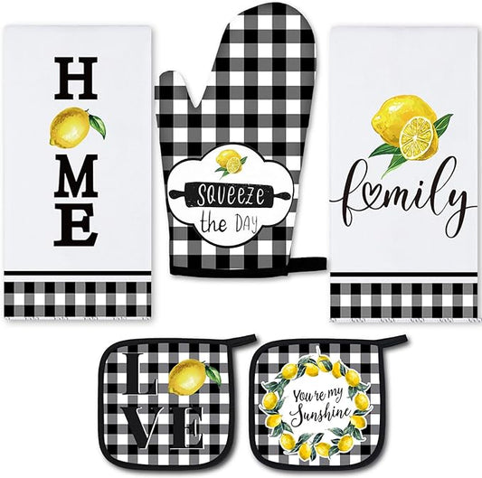 5 Pieces Buffalo Plaid Kitchen Towels Oven Mitts and Pot Holder Set Black and by Rtteri
