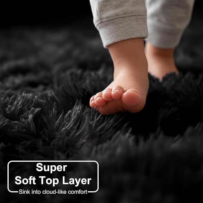 Amdrebio Black Fluffy Large Living Room Rugs, 6x9 Rug, Furry Area Rug - Image 4
