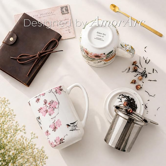 AmorArc Porcelain Tea Mug with Infuser and Lids, 18 Oz Coffee Cup Strainer with - Image 5