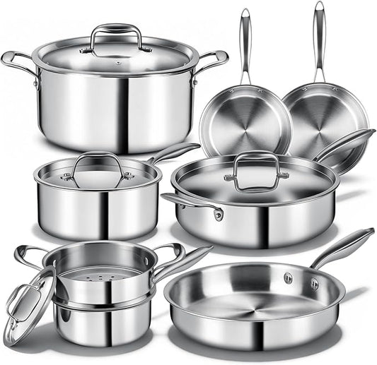 Triple Ply Stainless Steel Pots and Pans Set, EWFEN 12 Piece Induction Cookware by EWFEN