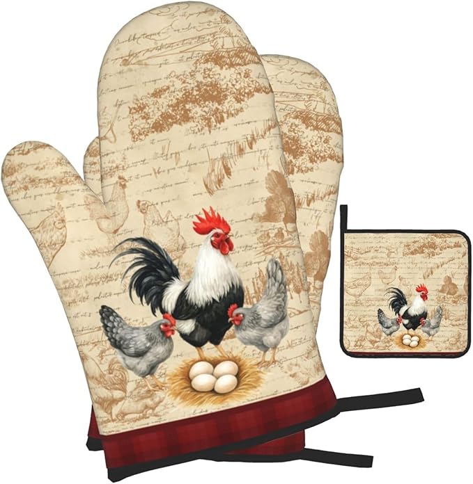 Rooster Chichen Oven Mitts and Pot Holders Sets, Cute Hot Pads Baking Gloves - Image 2