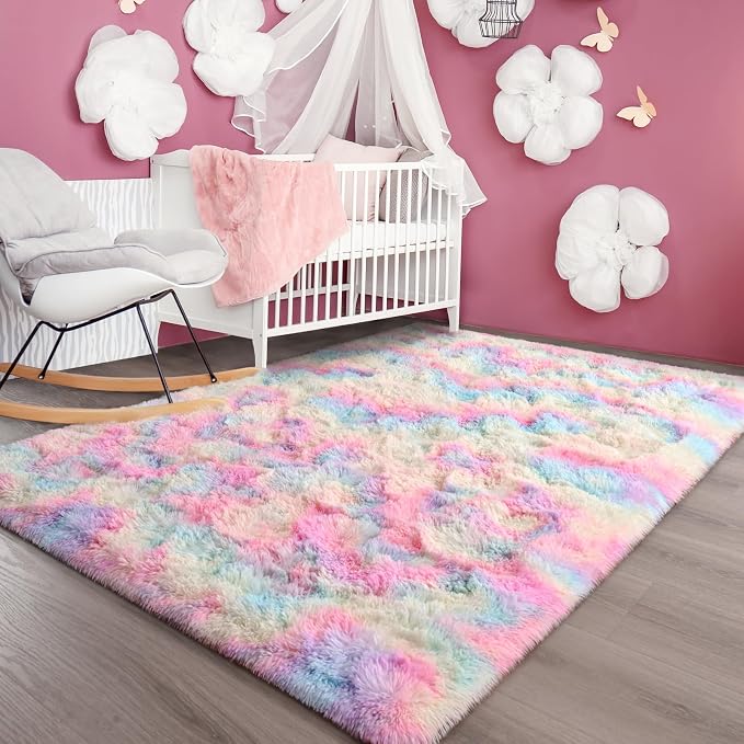 FlyDOIT Large Area Rugs for Living Room, 5x8 Feet Tie-Dyed Rainbow Shaggy Rug - Image 3