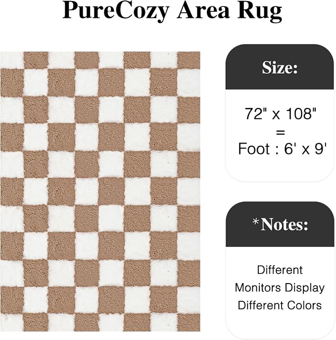 PureCozy 6x9 Area Rugs for Living Room Brown Soft Shag Checkered Large Rug - Image 3