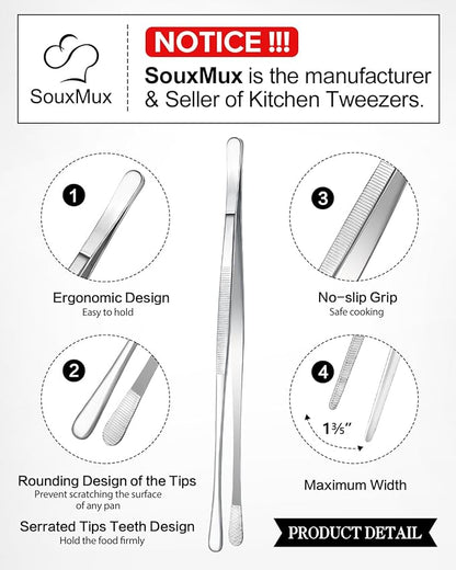 2 Pcs 12-inch Cooking Tweezers Tongs Precision Serrated Tips, Stainless Steel - Image 2
