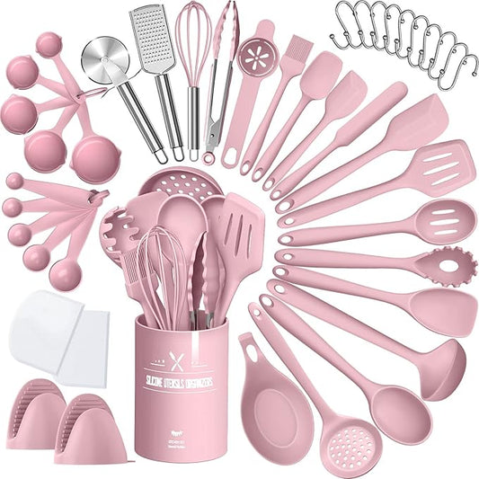 Silicone Cooking Kitchen Utensil Set, AIKKIL 43 Pcs Pink Cooking Utensils Set by AIKKIL