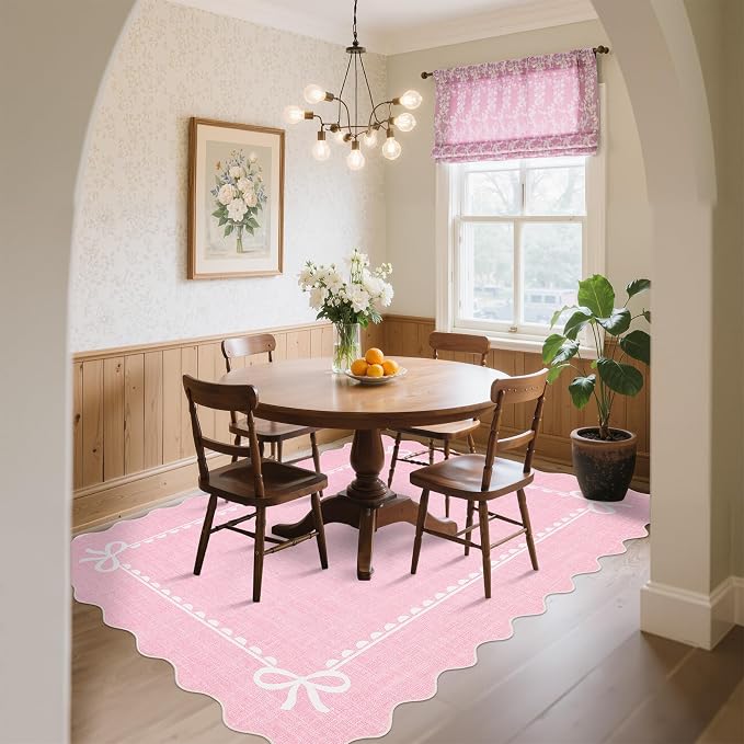 GarveeHome Scalloped Bow Rug for Living Room, Solid Pink Rug for Dorm, Washable - Image 3