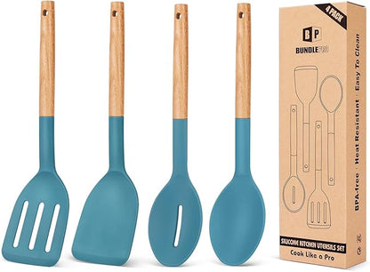 Pack of 4 Silicone Cooking Utensils Set, Non Stick Solid Spatulas and Heat by BUNDLEPRO