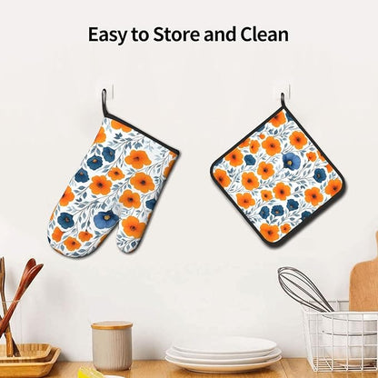 Spring Orange Blue Floral Oven Mitts and Pot Holders Sets of 3, Heat Resistant - Image 5