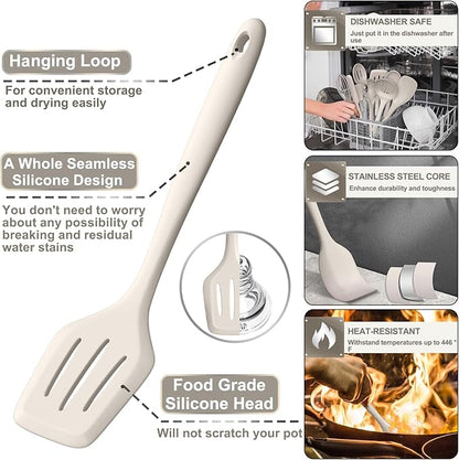 Silicone Kitchen cooking Utensils Set, AIKKIL 43 Pcs Heat Resistant Khaki - Image 3