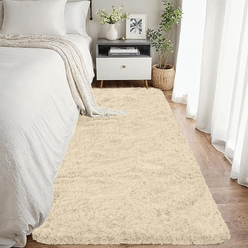 2x6 Bedside Area Rugs for Bedroom: Soft Fluffy Shag Beige Rug for Hallway by CarpetAddColortoYourLife
