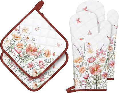 Pink Floral Oven Mitts and Pot Holders Sets 4Pcs, 100% Cotton Heat Resistant by Arquiel