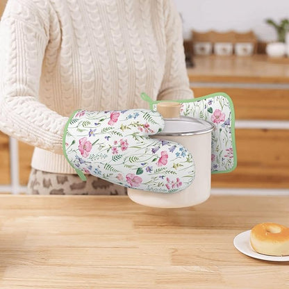 Pink Floral Silicone Oven Mitts Pan Mats Set of 2, Heat Resistant Gloves - Image 7