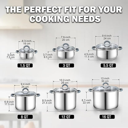 Cook N Home Stockpot with Lid, 8-Quart Basic Stainless Steel Pasta Cooking Soup - Image 2