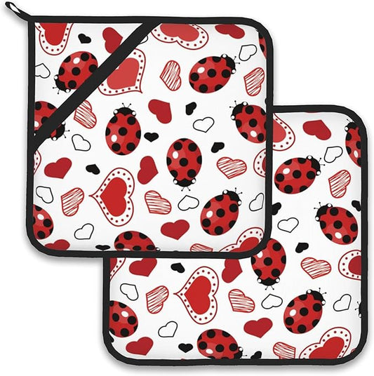 Ladybugs Hearts Pot Holder Set of 2, Heat Resistant Potholders Oven Hot Pads by Larkverk