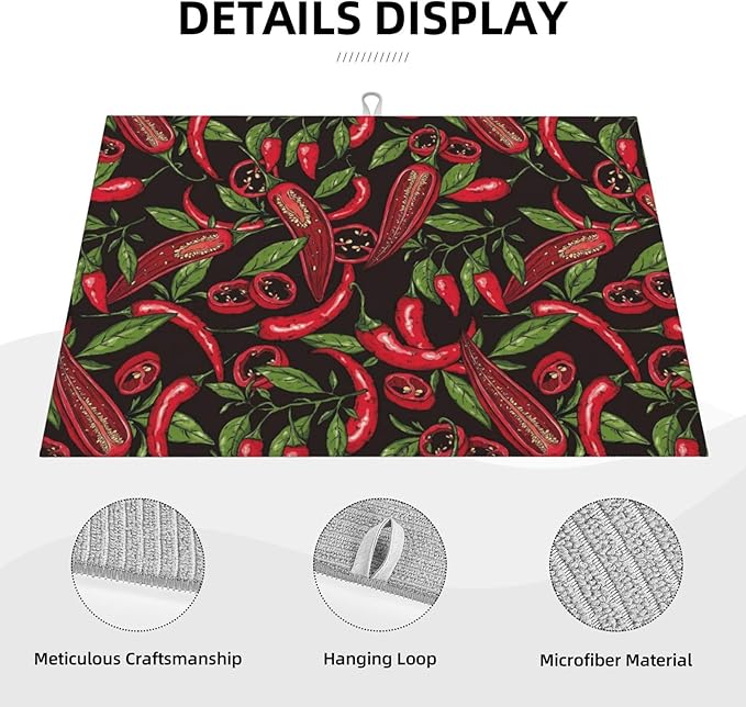 Red Chili Peppers Dish Drying Mat Vegetable Pepper Black Rustic Green Leaf - Image 2