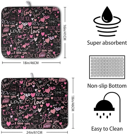 Mother's Day Dish Drying Mat for Kitchen Counter Love Heart Black Drying Mats - Image 2