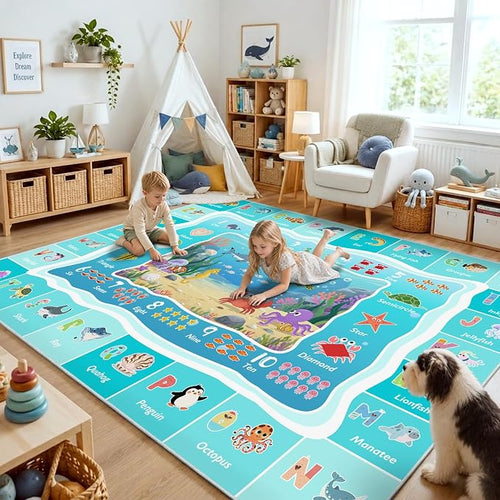 ABC Kids Ocean Rug for Playroom, 8x10 ft Alphabet Classroom Rug, Educational by GRAMBET
