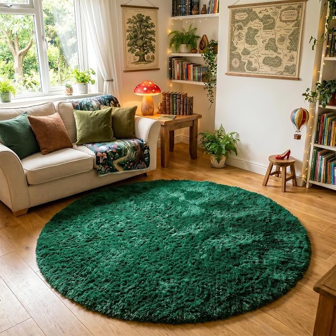 Amdrebio Dark Green Fluffy Round Rugs 5Ft - Image 6