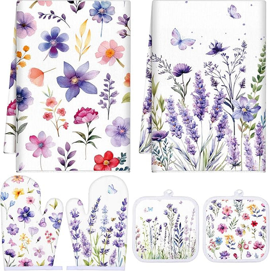 Spring Lavender Oven Mitts and Pot Holders Kitchen Dish Towels Set Purple by Sunnychicc