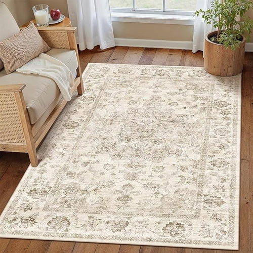 3x4 Washable Neutral Area Rug Beige Vintage Entryway Office Carpet Non-Slip by WondRg