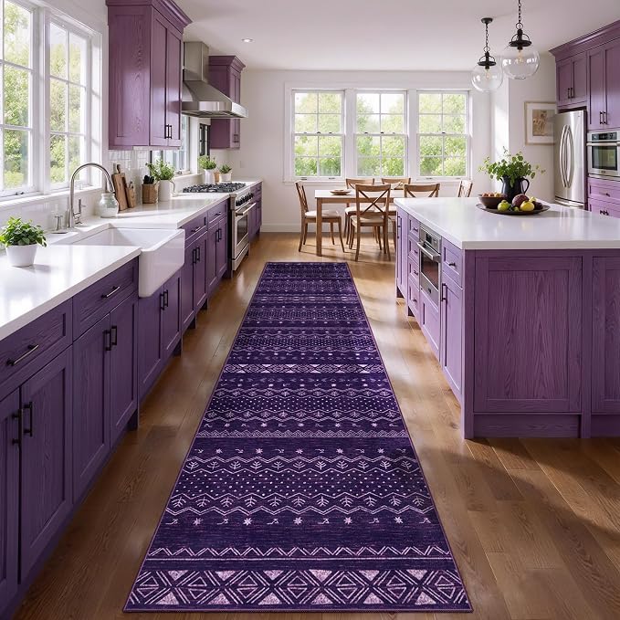 SERISSA Hallway Runner Rug, 2x10 Washable Non-Slip Purple and White Runners - Image 2