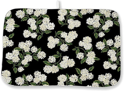 Black Dish Drying Mat 18x24 Inch Green Vintage Floral Hydrangea Flower Drying by DAFENA