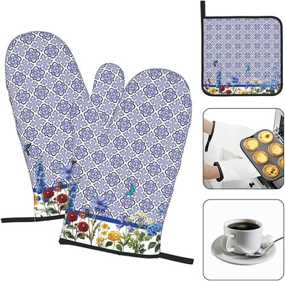 Blue Chinoiserie Oven Mitts Heat Resistant, Cute Floral Pot Holders and Kitchen - Image 3