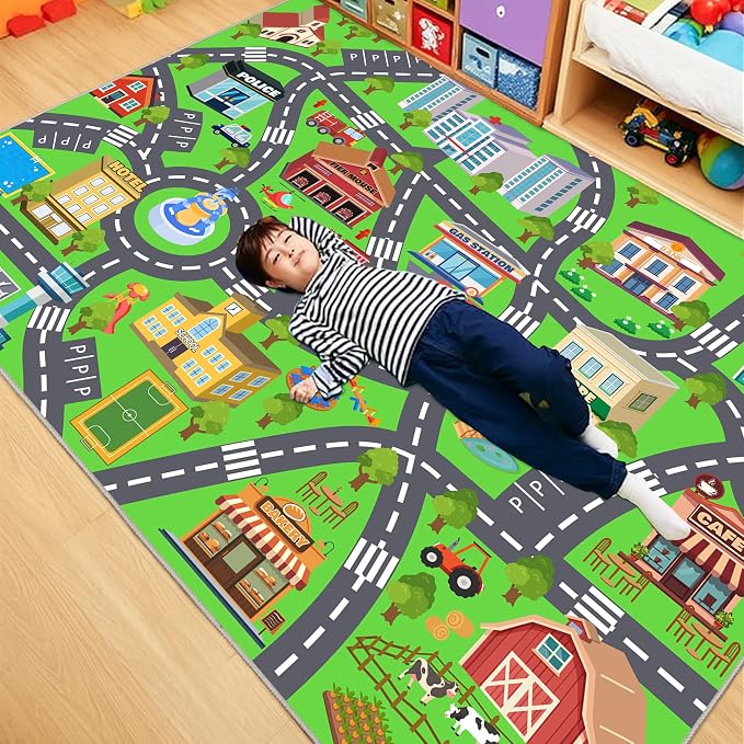 Kids Room Rug - Soft & Non-Slip 9x12 Ft Town Car Rug City Map Play Mat - Image 8