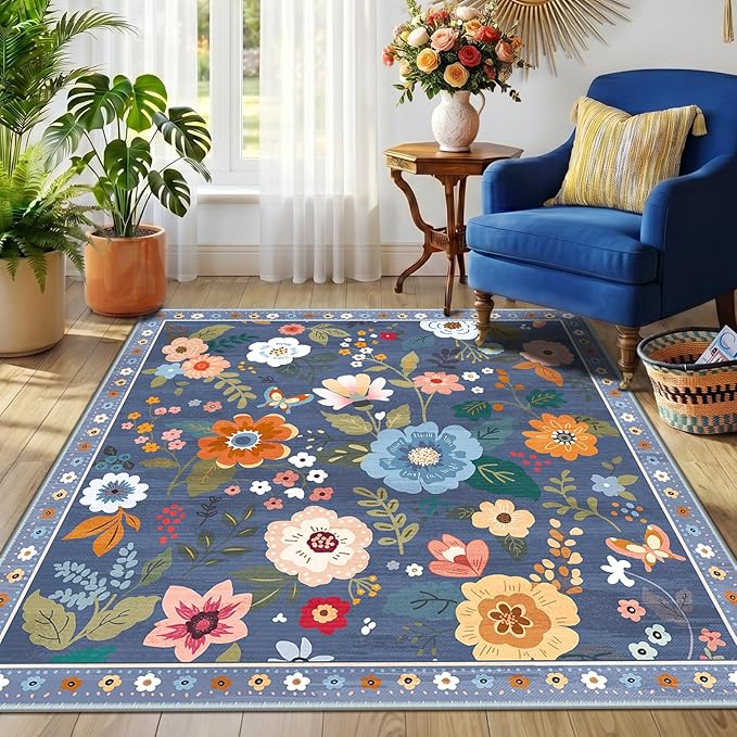 RELEANY Floral Square 6ft Area Rugs Washable Print Boho Cute Carpet Non Slip - Image 8